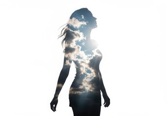 Silhouette of a woman filled with clouds against a bright white background