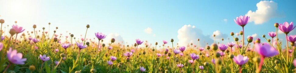 Fototapeta premium Soft pink and purple wildflowers spread across a sunlit field against a clear azure sky , soft, flower carpet, beautiful scenery