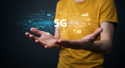 Person holding digital 5g network interface with circuit board and data icons in their open hands business, data