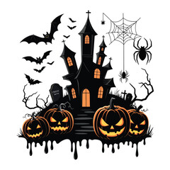 Dark Halloween Silhouette Design with Haunted House and Spiders