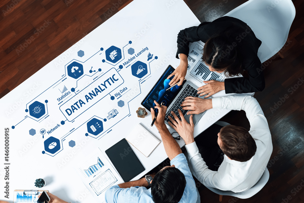 Aufkleber A modern office setting showcases a professional team collaborating on data analytics, utilizing technology to gain insights and improve business strategies effectively. Amity