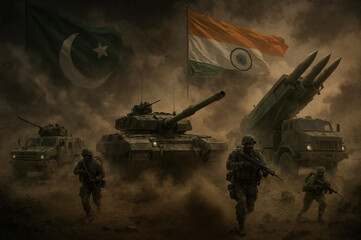 National flags of India and Pakistan loom over a battlefield with Indian and Pakistani soldiers, tanks, and missile launchers amidst dust and smoke, depicting active military conflict, warfare.