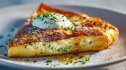 Fluffy omelet slice, creamy topping, herbs