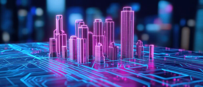 Neon cityscape on circuit board digital technology urban future