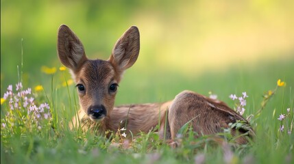 Fototapeta premium A young deer rests peacefully in a vibrant meadow, surrounded by delicate wildflowers. The sunlight filters through the trees, creating a serene and picturesque nature scene.