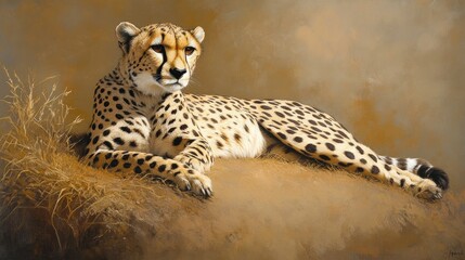 A cheetah lounges on a hill inside its spacious enclosure, eyes alert and focused. Soft shadows play across its spotted coat.