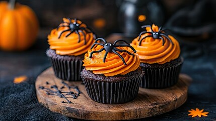 Halloween Cupcakes with Orange Frosting and Spider Decoration