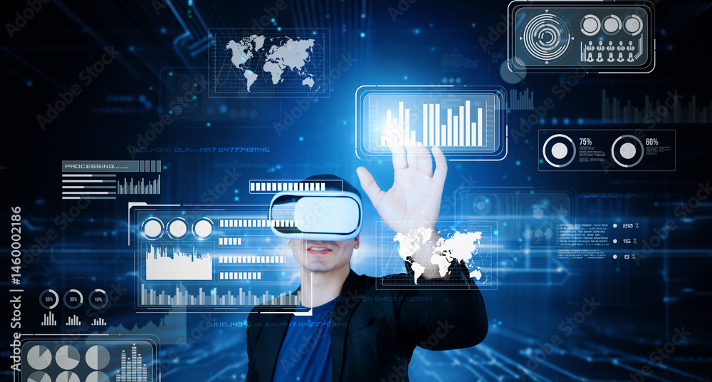 Poster smart business man with goggles working while using ai technology. manager accessing at global netwo