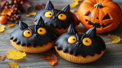 Black Cat Cupcakes with Jack O Lantern