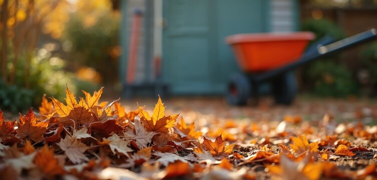 Pile of crunchy autumn leaves near garden shed with blurred background. Backyard clean-up with rake, orange wheelbarrow, yard work. Fall season, foliage, gardening concept.