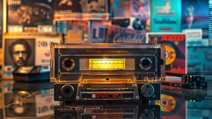 Vintage audio cassette player with illuminated display in retro music store setting. concept of classic music technology, nostalgia, audio equipment, retro vibes, analog sound.