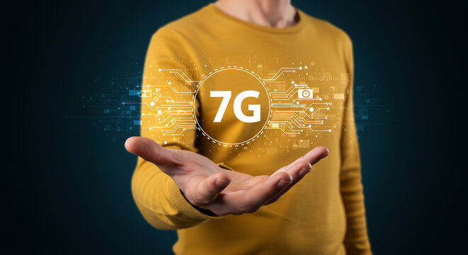 Person holding holographic projection of 7g network with circuit board design on a dark background business, data