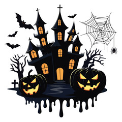 Dark Halloween Silhouette Design with Haunted House and Spiders