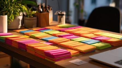 Organized Desk with Colorful Sticky Notes