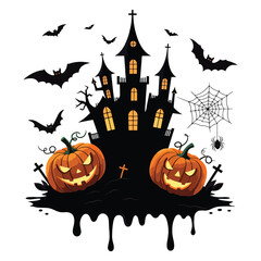 Dark Halloween Silhouette Design with Haunted House and Spiders