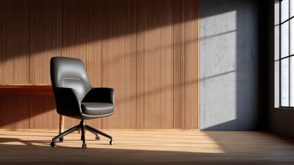 Serene Office Space with Black Leather Chair and Natural Light Casting Shadows on Wooden Wall