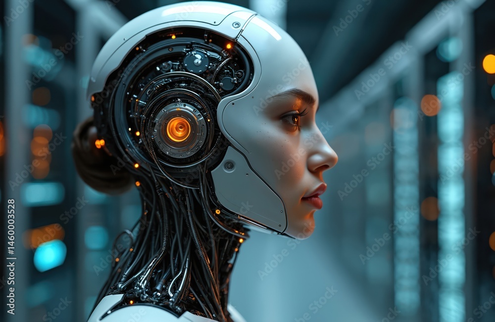Fototapete Futuristic cyborg woman profile portrait. AI robot with technology robotics design. Cyberpunk tech data science concept with cybernetic human. Modern innovative digital transformation.