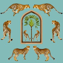 seamless pattern with Traveller palm tree green leaves Cheetah couple Hand Drawn Summer Tropical Vintage wallpaper blue background