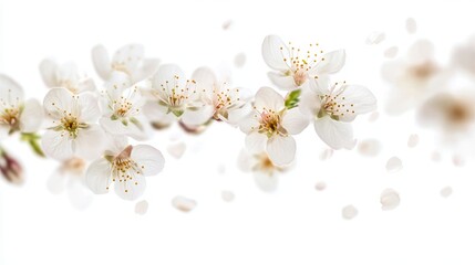 Elegant Cherry Blossom Petals Gracefully Floating in Midair Over Clean White Background