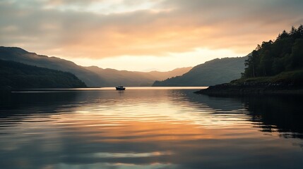 Obraz premium Majestic loch scene with a solitary boat at sunrise in the Scottish Highlands