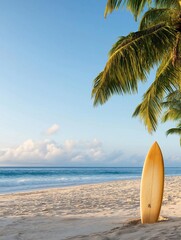 Beautiful beach scene with a clear blue sky and the ocean in the background. the beach is covered in white sand and there is a palm tree on the right side of the image.