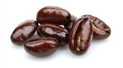 Obraz premium High resolution image of roasted coffee beans on deep brown glossy surface exhibiting rich texture