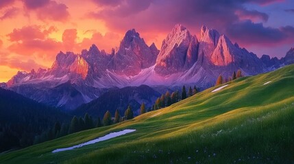 Dramatic mountain range at sunset over rolling hills. Lush green meadows meet snow-capped peaks, bathed in vibrant hues of orange and purple