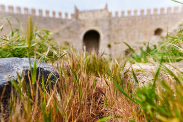 A medieval stone fortress wall featuring an arched gateway, surrounded by lush green grass, under a partly cloudy sky