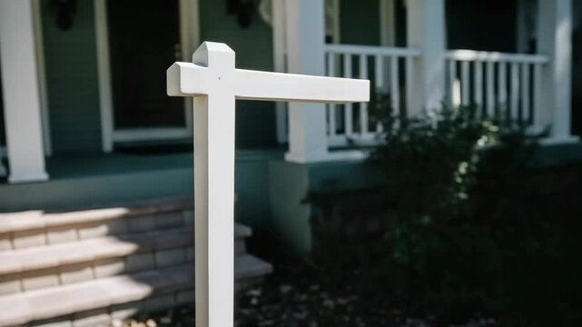 A person places a "For Sale By Owner" sign in front of a house, indicating a property is available for sale directly by the owner.

