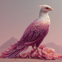 A majestic bird stands elegantly among flowers against a serene landscape backdrop.