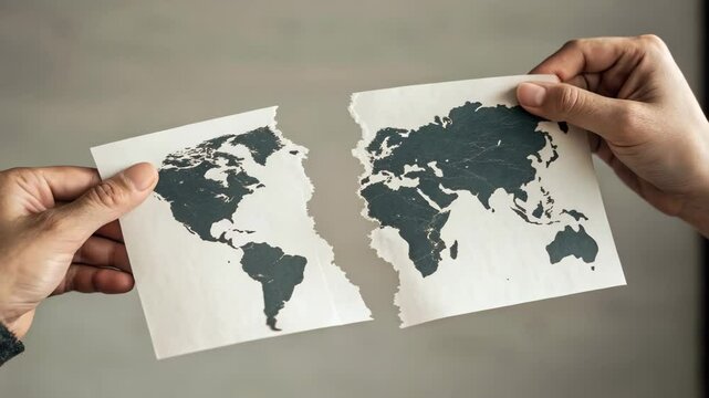 Two hands tear a world map in half, symbolizing division or separation on a global scale.

