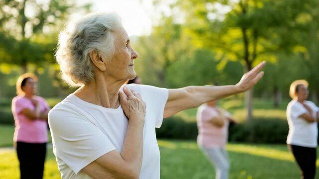 Senior women practicing tai chi outdoors in a sunny park, focusing on gentle movement and relaxation.

