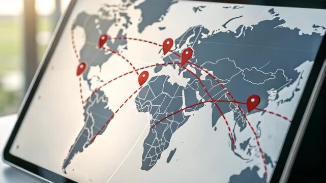 A person points at a global map on a screen showing multiple red location pins and connecting lines, representing worldwide connections or logistics.

