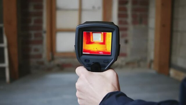 A person uses a handheld thermal camera to inspect a room, displaying heat signatures on the device screen.

