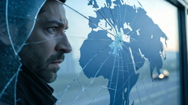 A man stares through a cracked glass window featuring a world map, creating a dramatic and contemplative atmosphere.

