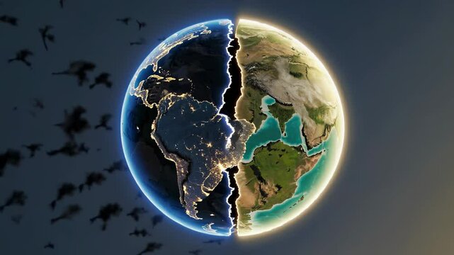 Split-view of Earth showing contrasting night and day sides with illuminated cities and natural landscapes

