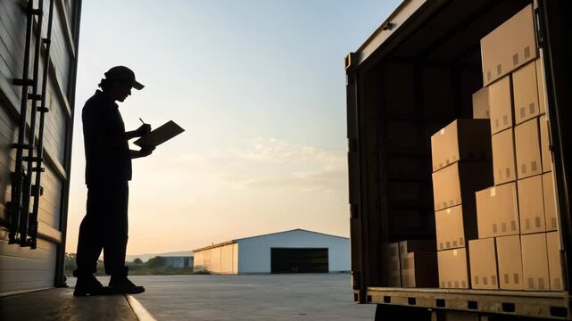 A worker checks inventory on a clipboard beside a truck loaded with boxes at a logistics warehouse.

