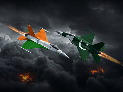  Indian and Pakistani fighter jets with national flags engage in a fiery aerial fight amidst dark, stormy clouds, symbolizing intense air combat, war and military conflict.