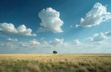 Scenic prairie landscape with tree under vast blue sky. Golden fields, fluffy clouds, horizon view. Rural scene, nature, travel, environment, background. Midwest, summer, open space.