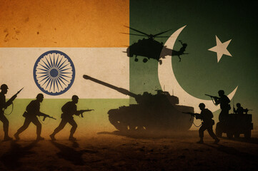 Indian and Pakistani flags with silhouetted shadow of soldiers, tank, and helicopter. Military conflict, national confrontation. Indo-Pakistani wars