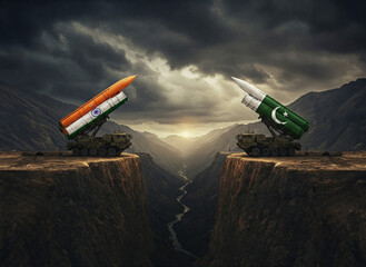 Indian and Pakistani missile launchers, adorned with national flags, face each other across deep chasm at night symbolizing tense missile standoff, strategic threat. Nuclear war, geopolitical conflict
