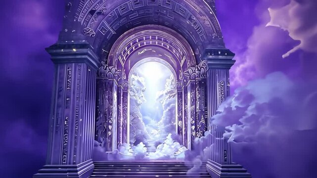 Mystical gateway amidst ethereal clouds and radiant light in dreamlike purple sky. concept of fantasy architecture, celestial entrance, imaginative escape, serene tranquility