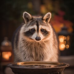 Close-up of a raccoon with gray and brown fur and dark eye mask in front of a bird bath with warm blurred lights in background