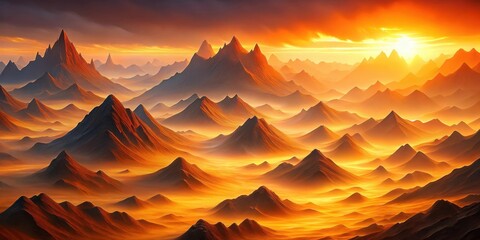 A Golden Hour Panorama of Serene Mountain Peaks Bathed in Warm Light and a Haze of Mist