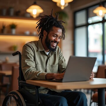 Young Black man in wheelchair, smiles while working on laptop. Smiling disabled man using laptop computer for work in cafe. Concept of accessibility and inclusion. Diversity in workplace.