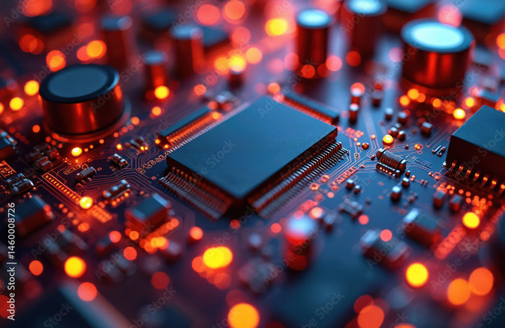 Aufkleber Close-up view of vibrant circuit board. Glowing components, microchips, processors, intricate circuitry details, tech background. Modern tech, digital innovation, AI artificial intelligence concept.