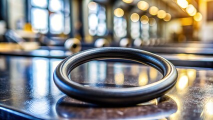 A single, black, rubber O-ring rests on a shiny, metal surface, bathed in warm light from the windows behind it.