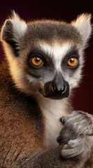 Fototapeta premium Captivating Portrait of Ring Tailed Lemur with Golden Eyes on Red Background Focus