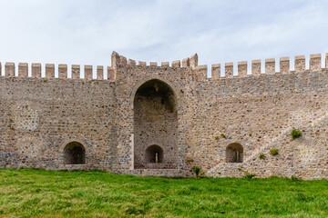 Ancient Stone Castle Wall with Historical Archway and Green Lawn..
