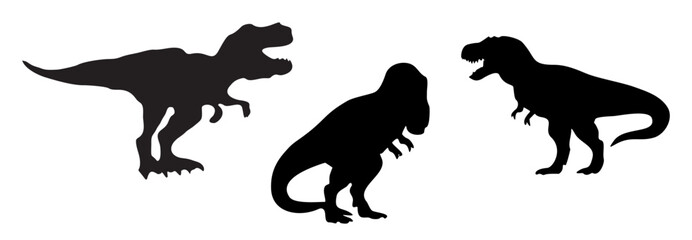 Set of dinosaurus black silhouettes. Tyrannosaurus, T-Rex in different poses black vector illustrations isolated on transparent background